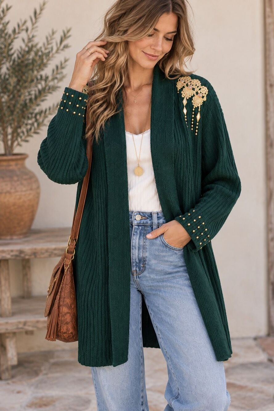 VTG Marshall-Russo Embellished Green Ribbed Cardigan Gold Beaded Holiday
